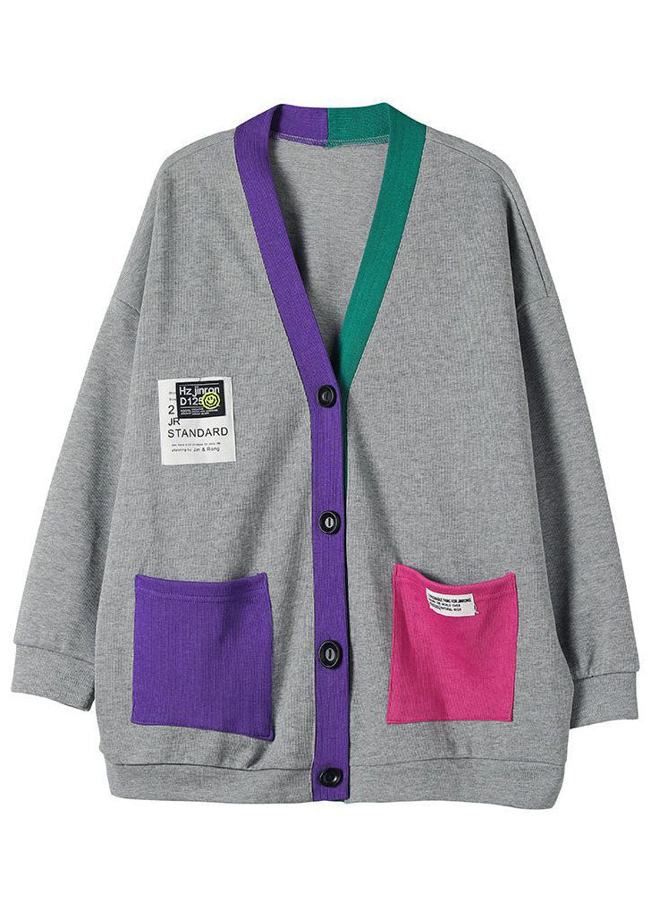 Grey V Neck Patchwork Cotton Cardigans Coats Spring
