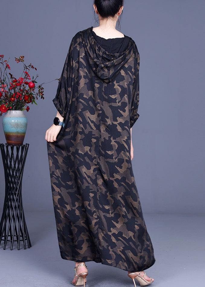 Camouflage Hooded Print Summer Silk Long Dresses