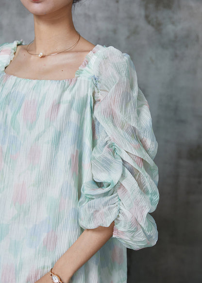 Light Green Square Collar Puff Sleeve Chiffon Blouses