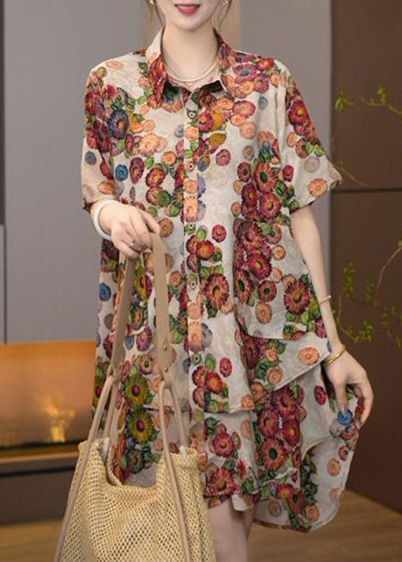 Diy Khaki Oversized Print Chiffon Two Pieces Set Summer