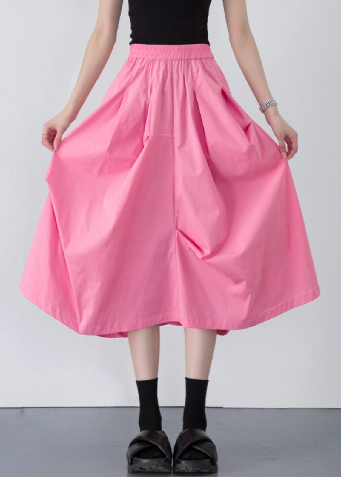 Loose Pink Wrinkled Pockets Cotton Skirt Summer