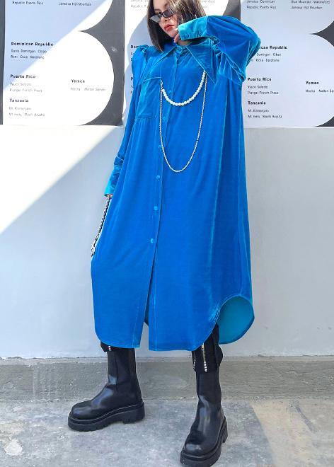 Blue Clothes Button Down Asymmetric Traveling Spring Dress