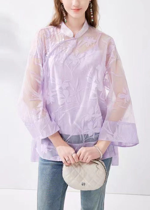 Chinese Style Purple Stand Collar Button Silk Two Pieces Set Long Sleeve