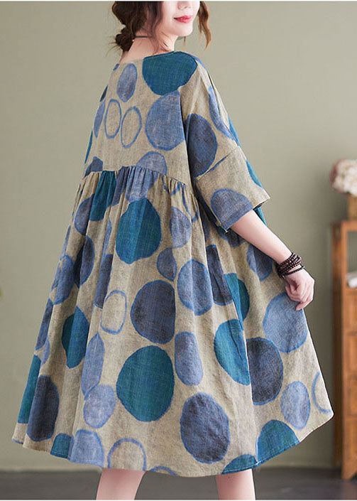 Loose Blue O-neck Patchwork Cotton Holiday Dress Short Sleeve