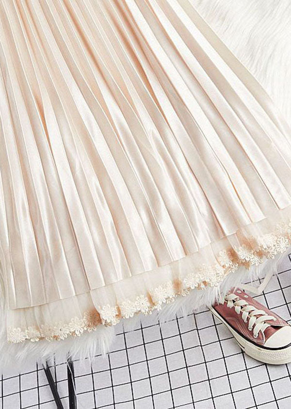 Art Beige Elastic Waist Lace Patchwork Wear on Both Sides Tulle Pleated Skirt Spring