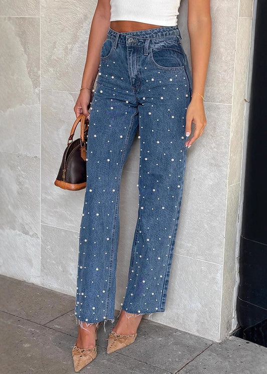 Original Design Blue Pockets Nail Bead Denim Pants Spring