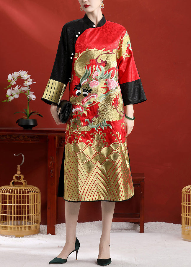 Black Patchwork Red Stand Collar Embroideried Side Open Button Silk Maxi Dresses Long Sleeve