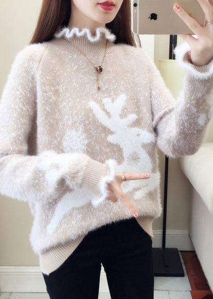 Red Ruffled Print Thick Mink Hair Knitted Sweaters Fall