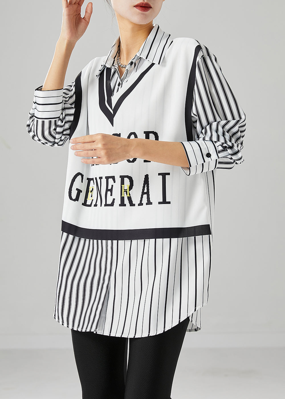 White Striped Patchwork Cotton Shirt Top Fall
