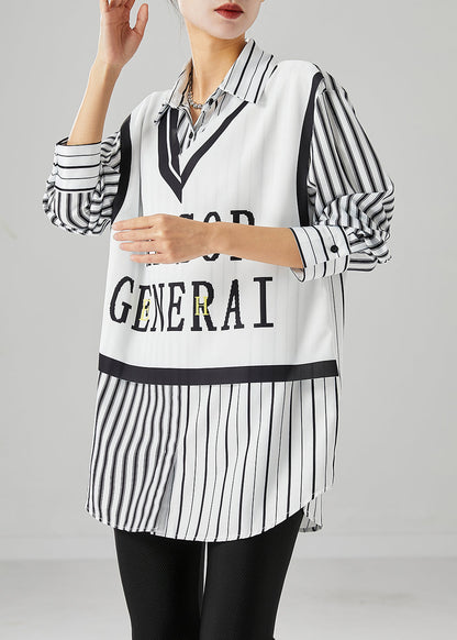 White Striped Patchwork Cotton Shirt Top Fall
