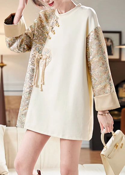 French Beige O-neck Print Patchwork Cotton T Shirt Long Sleeve