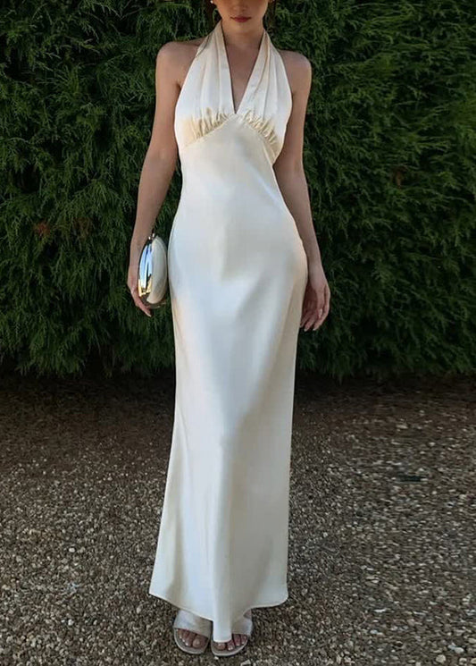 V Neck Backless Silk Halter Long Dresses Sleeveless