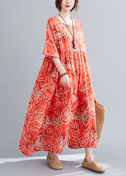 Modern Red O-neck Print Wrinkled Cotton Beach Dress Short Sleeve