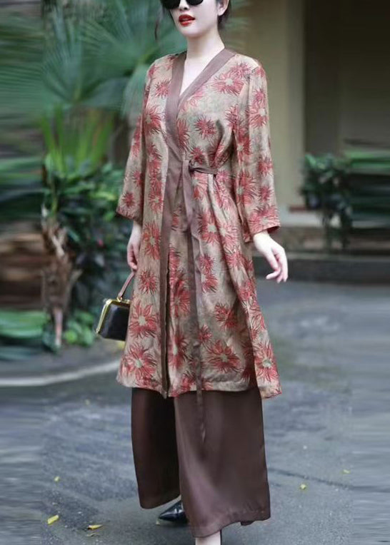 Coffee V Neck Print Lace Up Silk Cotton Two Pieces Set Fall