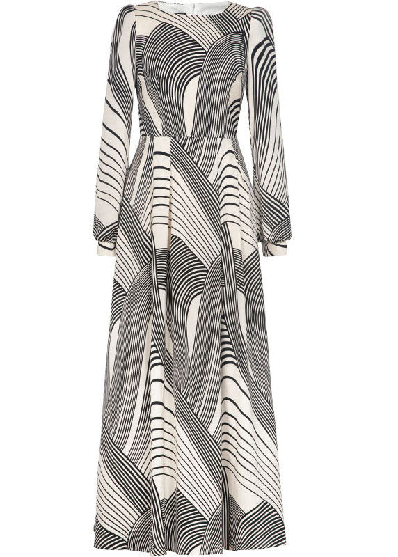 Stylish White O-neck Striped Exra Large Hem Chiffon Cinch Dress Spring