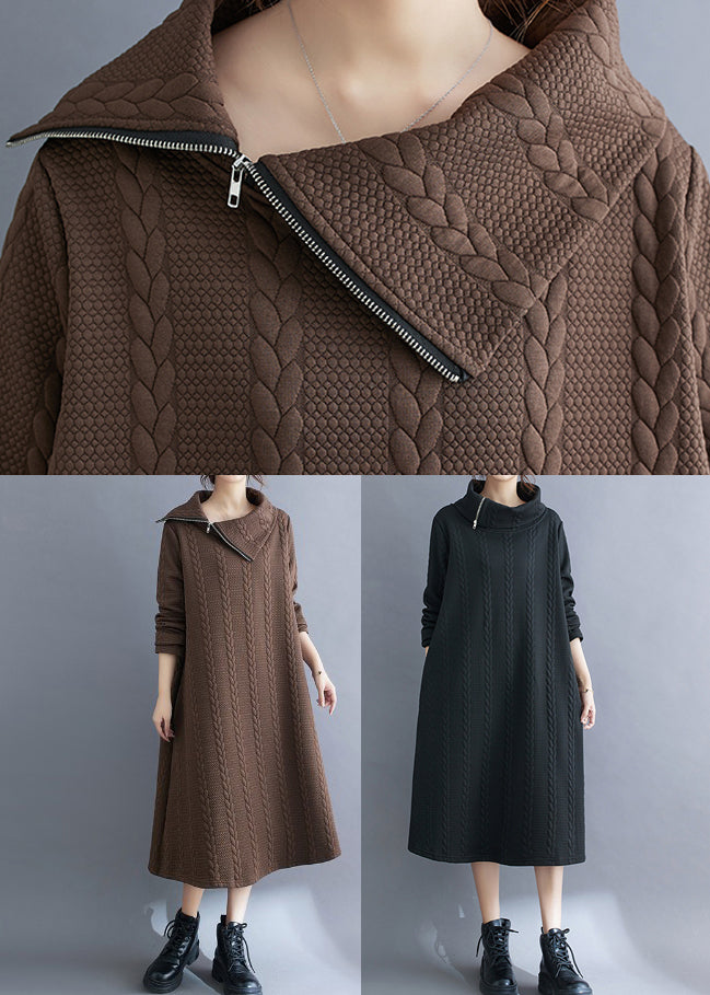 Black Asymmetrical Turtleneck Cotton Long Dress Fall