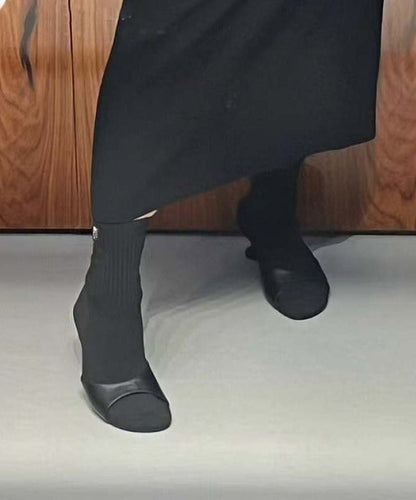 Black Knit Fabric Splicing Faux Leather Pointed Toe Kitten Boots