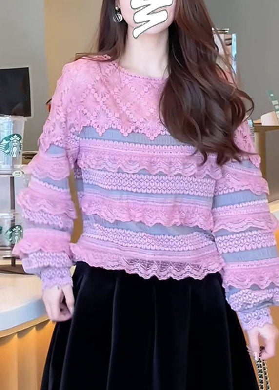 Purple O-neck Ruffled Patchwork Lace Tops Fall