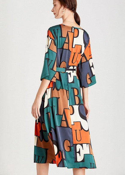 Modern Orange Green Print V Neck Summer Holiday Dress Half Sleeve