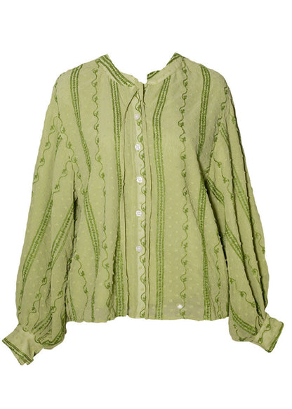 Green Embroideried Lace Up Cotton Shirt Top Spring