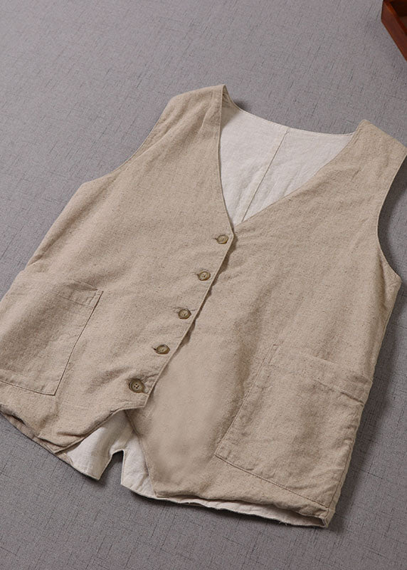 Beige V Neck Button Patchwork Sleeveless Tank Tops