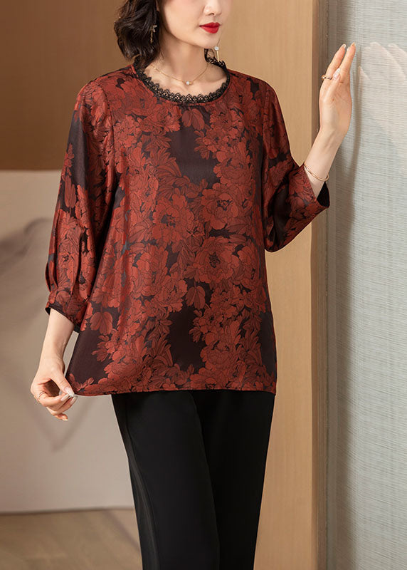 Brick Red O-neck Lace Patchwork Draping Silk Shirt Top Bracelet Sleeve