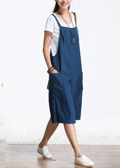 Organic Blue Pockets Color Cotton Denim Jumpsuits Wide Leg Pants Summer