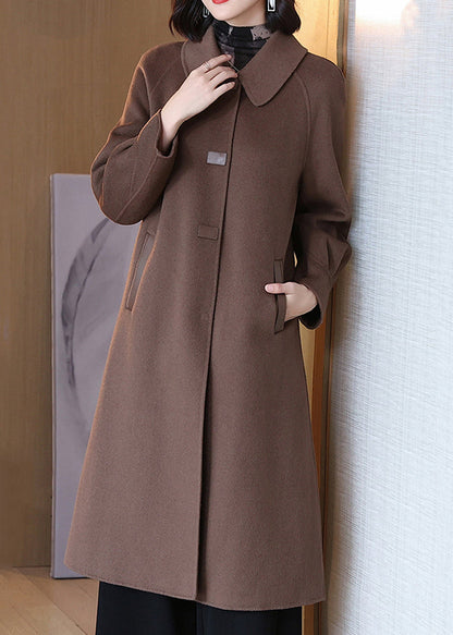 Coffee Wool Coats Peter Pan Collar Long Sleeve