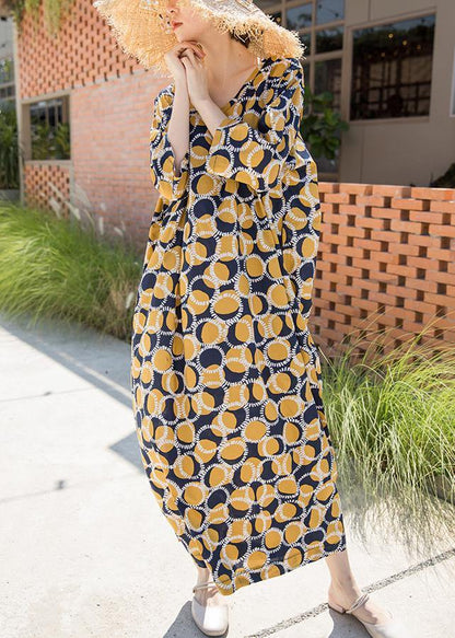 Italian Yellow Dotted Summer Cotton Dress Caftans