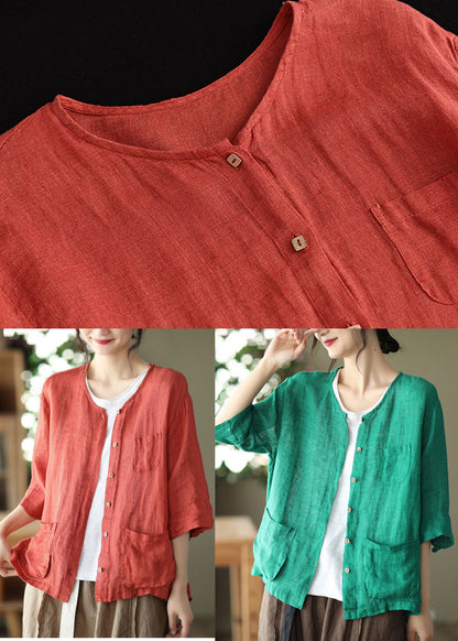Red O-neck Pockets Linen Loose Cardigans Half Sleeve