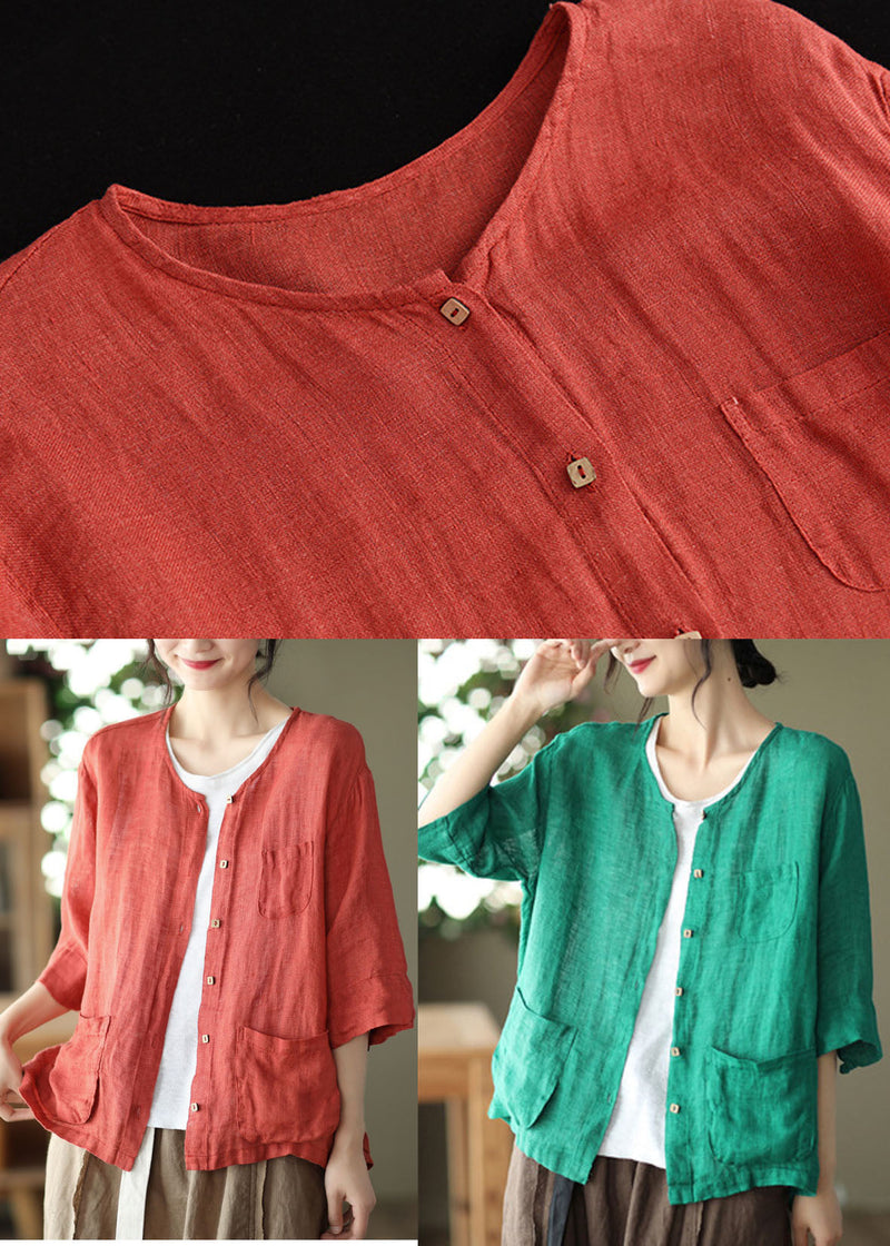 Green Pockets Linen Cardigan O-neck Button Half Sleeve