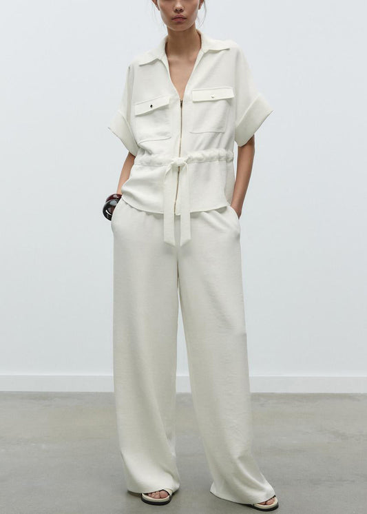 Loose White Peter Pan Collar Tie Waist Cotton Two Pieces Set Summer