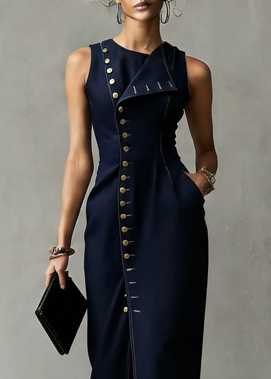 Organic Dark Blue Asymmetrical Pocket Denim Maxi Dress Sleeveless
