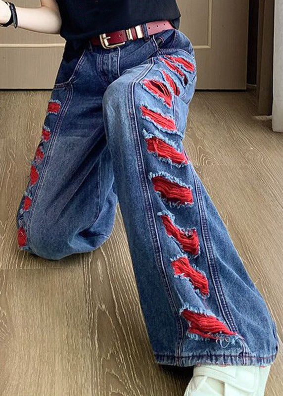 Blue Patchwork Hole Wide Leg Jeans Spring