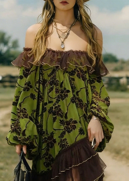 Green Flocking Print Tulle Patchwork Mid Dress Lantern Sleeve