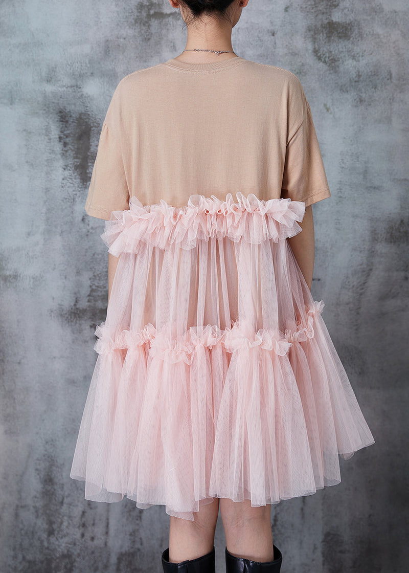 Apricot Ruffled Patchwork Tulle Tea Dress Summer