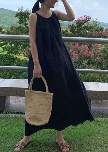 Stylish Black Wrinkled Linen Dress Sleeveless