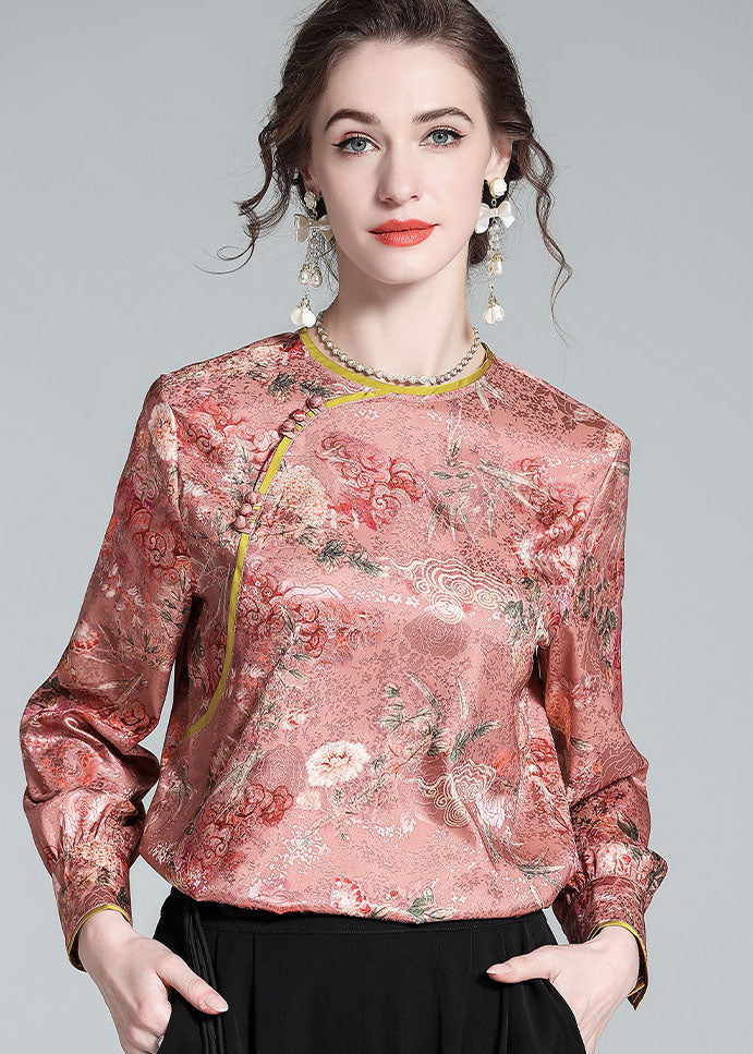 Pink O Neck Jacquard Chinese Button Patchwork Silk Shirt Spring