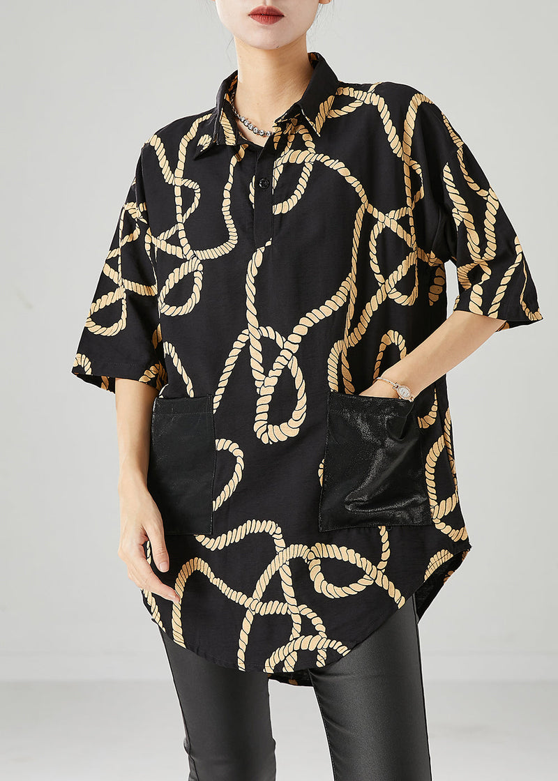 Black Print Pockets Cotton Shirts Half Sleeve