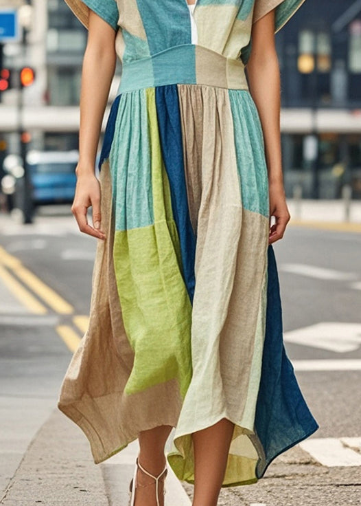 Khaki V Neck Print Cotton Robe Dresses Summer