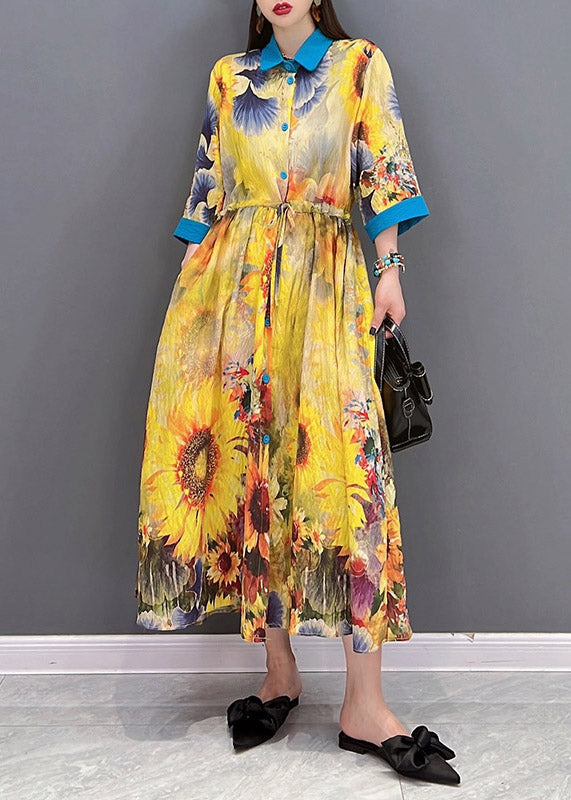 Yellow Peter Pan Collar Print Button Tie Waist Dresses Half Sleeve