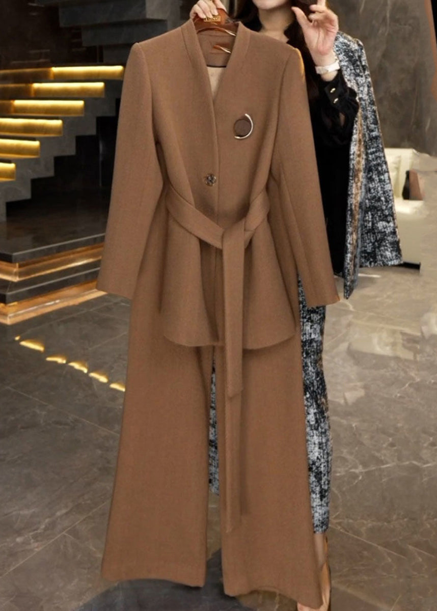 French Caramel Tie Waist Coats and Wide Leg Pants Two Piece Set Winter