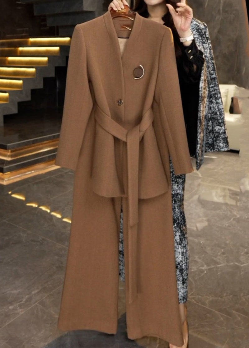 French Caramel Tie Waist Coats and Wide Leg Pants Two Piece Set Winter