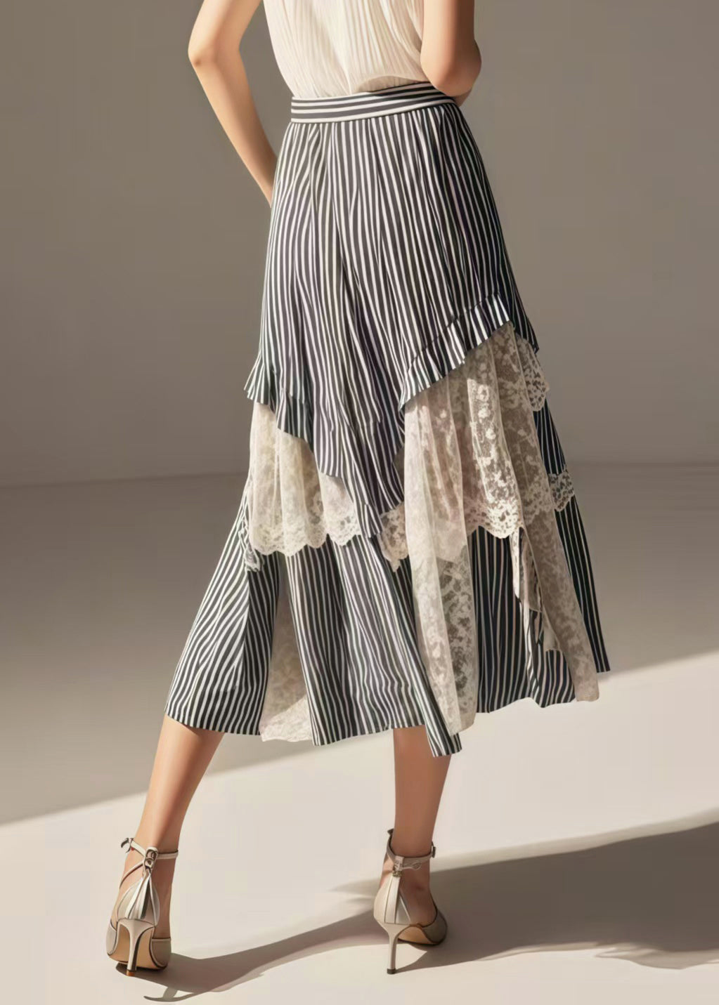 Blue Striped Asymmetrical Patchwork Lace Skirts Summer