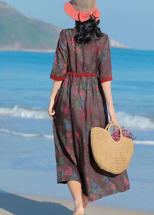 Fitted Chocolate O-neck Tie Waist Patchwork Print Linen Dress Half Sleeve
