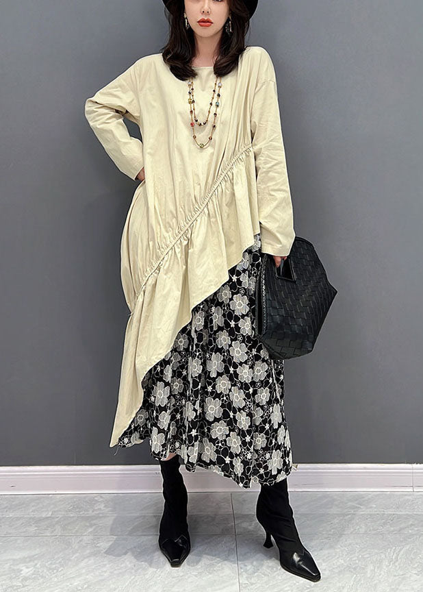 Beige O-neck Asymmetrical Patchwork Ruffles Dresses Fall