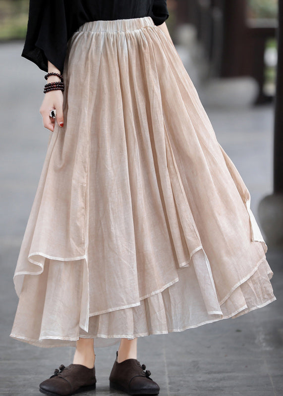 Khaki Elastic Waist Asymmetrical Design Layered Linen Skirts Summer
