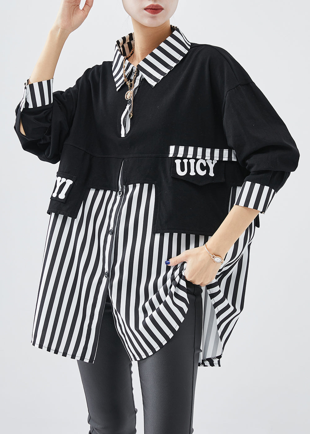 Diy Black Striped Patchwork Cotton Sweatshirt Fall