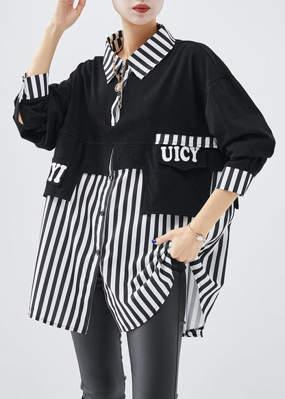 Diy Black Striped Patchwork Cotton Sweatshirt Fall