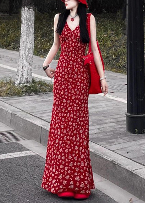 Red V Neck Print Maxi Dress Sleeveless